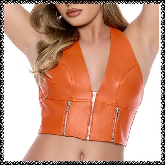 🆕🧡Orange Leather zip front halter top with zipper detail and leather back. - Picture 2 of 8